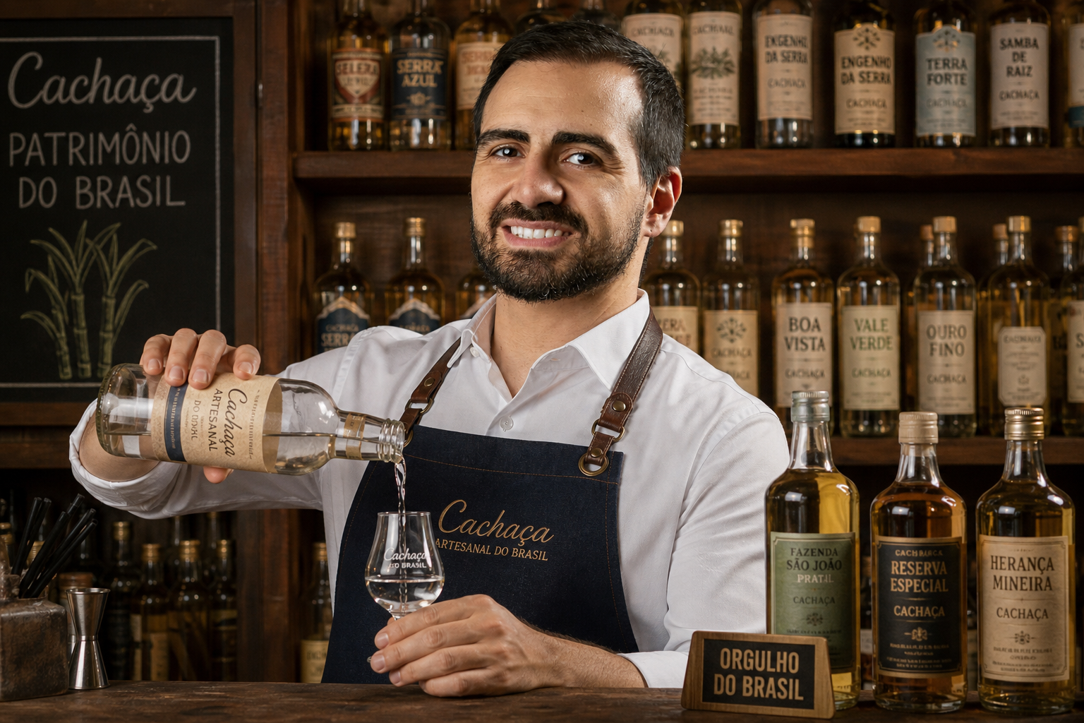 Eric servindo cachaça artesanal na Alma de Cana